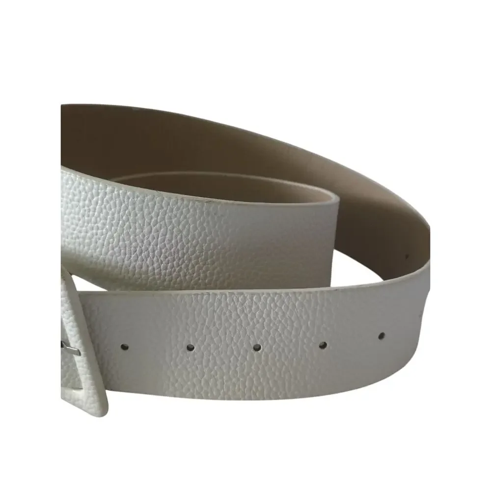 Wide White Textured Waist Belt Statement Buckle Modern Minimalist OS